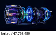 Holographic design depicting futuristic engineering developments, advanced technology, innovative machinery, industrial components, modern scientific advancements, mechanical structures. Стоковое AI-изображение, AI-художник Павел Муравьев / Фотобанк Лори