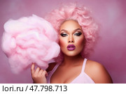 Plus size fashion model with creative makeup and hairstyle enjoying cotton candy against a pink background. Стоковое AI-изображение, AI-художник Станислав Тарко / Фотобанк Лори