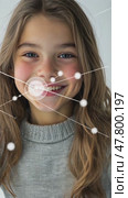 Smiling girl interacting with virtual interface connects points in a techdriven environment. Стоковое AI-видео, аниматор Sabyna75 / Фотобанк Лори