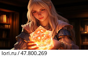 Keen woman is holding a crystal ball in her hands, looking intently at it. Стоковое AI-изображение, AI-художник Данила Большаков / Фотобанк Лори