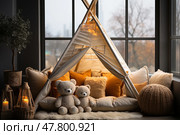 Teddy bear sits in front of a teepee, creating a cozy and playful scene. Стоковое AI-изображение, AI-художник Данила Большаков / Фотобанк Лори
