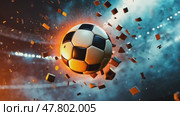 Dynamic soccer ball collision amidst fiery debris in actionpacked arena. Стоковое AI-видео, аниматор Sabyna75 / Фотобанк Лори