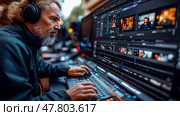 A skilled video editor focuses intently on his monitor, crafting a visual narrative while seated at a high-tech workstation in the evening. Стоковое AI-изображение, AI-художник Данила Большаков / Фотобанк Лори