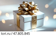 Elegant golden bow gift box on glossy background. Стоковое AI-изображение, AI-художник Андрей Бакусов / Фотобанк Лори