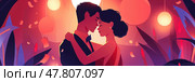 A couple embraces and dances intimately, surrounded by warm lights and a festive atmosphere in the evening garden. Стоковое AI-изображение, AI-художник Данила Большаков / Фотобанк Лори