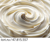 Whipped cream forms an elegant swirl, showcasing a rich and smooth texture. This delightful treat promises a luscious experience for dessert lovers everywhere, inviting indulgence. Стоковое AI-изображение, AI-художник Ольга Игнашина / Фотобанк Лори
