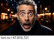 Middle-aged man with shocked and bewildered expression on his face, eyes wide open and eyebrows raised. His mouth is slightly agape, indicating astonishment or disbelief. Стоковое AI-изображение, AI-художник Данила Большаков / Фотобанк Лори