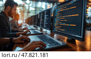 Programmers are focused on their tasks, typing code at sleek workstations in a vibrant, sunlit office environment. Стоковое AI-изображение, AI-художник Данила Большаков / Фотобанк Лори