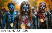 A gathering of imaginative zombies with striking blue skin and gruesome details traverse a colorful forest during a festive autumn event. Стоковое AI-изображение, AI-художник Данила Большаков / Фотобанк Лори