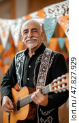 Cinco de Mayo mariachi musician with guitar in traditional suit and festive papel picado. Стоковое AI-изображение, AI-художник Анастасия Золотницкая / Фотобанк Лори