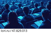 A group of students is focused on a lecture in a dim classroom, reviewing their notes for an important exam. The atmosphere is serious and studious. Стоковое AI-изображение, AI-художник Данила Большаков / Фотобанк Лори