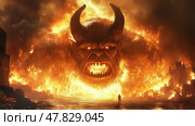 A terrifying demonic face emerges from the flames, dominating a devastated environment under darkened skies at dusk. Стоковое AI-изображение, AI-художник Данила Большаков / Фотобанк Лори