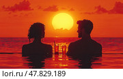 A couple relaxes in the ocean, sipping cocktails as a breathtaking sunset casts golden hues over the water before nightfall. Стоковое AI-изображение, AI-художник Данила Большаков / Фотобанк Лори