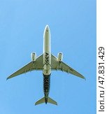 Moscow Russia Zhukovsky Airfield 31 August 2019: Passenger aircraft Airbus A350 in the demonstration flight of the international aerospace salon MAKS-2019. Стоковое фото, фотограф Фотограф / Фотобанк Лори
