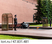 MOSCOW RUSSIA - APRIL 20: Military stands in sentry box in guard in honor of grave of the Unknown Soldier and The Eternal Flame on April 20, 2019 in Moscow. Стоковое фото, фотограф Фотограф / Фотобанк Лори