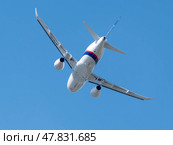 Moscow Russia Zhukovsky Airfield 25 July 2021: Commercial passenger airplane Sukhoi Superjet 100 flying demonstration flight of the international aerospace salon MAKS-2021. Стоковое фото, фотограф Фотограф / Фотобанк Лори