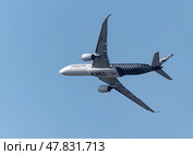 Moscow Russia Zhukovsky Airfield 31 August 2019: Passenger aircraft Airbus A350 in the demonstration flight of the international aerospace salon MAKS-2019. Стоковое фото, фотограф Фотограф / Фотобанк Лори