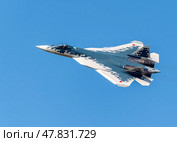 Moscow Russia Zhukovsky Airfield 25 July 2021: Demonstration of the latest Russian SU-57 fighterof the international aerospace salon MAKS-2021 (2019 год). Стоковое фото, фотограф Фотограф / Фотобанк Лори