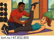Personal Trainer Assisting Clients with Safe Hamstring Stretches on Mats. Стоковое AI-изображение, AI-художник Максим Гребешков / Фотобанк Лори