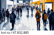 Crowds of people navigate a bustling exhibition space showcasing technology displays and products at a major trade event in a modern venue. Стоковое AI-изображение, AI-художник Данила Большаков / Фотобанк Лори
