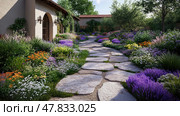 A stone pathway meanders through a colorful garden filled with blooming flowers, guiding visitors towards a quaint house in a serene setting. Стоковое AI-изображение, AI-художник Данила Большаков / Фотобанк Лори