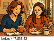 Mother and teen daughter journaling and sipping tea at home. Стоковое AI-изображение, AI-художник Максим Гребешков / Фотобанк Лори