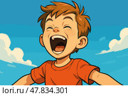 Boy yelling excitedly with mouth wide open in joy. Стоковое AI-изображение, AI-художник Максим Гребешков / Фотобанк Лори