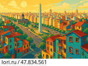 Buenos Aires cityscape with Obelisk and colorful La Boca neighborhood. Стоковое AI-изображение, AI-художник Максим Гребешков / Фотобанк Лори