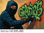 Masked Vandal Spray Paints Wall With Colorful Illegal Graffiti. Стоковое AI-изображение, AI-художник Максим Гребешков / Фотобанк Лори
