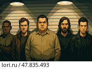 Suspects Stand in Police Lineup Under Bright Interrogation Lights. Стоковое AI-изображение, AI-художник Максим Гребешков / Фотобанк Лори