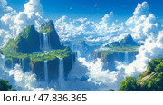 Lush green islands soar in the sky, adorned with waterfalls that plunge into a sea of clouds, creating a breathtaking and serene landscape. Стоковое AI-изображение, AI-художник Данила Большаков / Фотобанк Лори