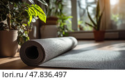 Yoga mat rolled out in a sunlit room surrounded by indoor plants. Коврик для йоги, раскатанный в освещенной солнцем комнате в окружении комнатных растений. Стоковое AI-изображение, AI-художник Katsiaryna Repich / Фотобанк Лори