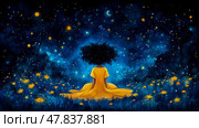 A girl wearing a yellow dress sits quietly, admiring a dazzling night sky filled with stars and a glowing crescent moon, surrounded by blooming flowers. Стоковое AI-изображение, AI-художник Данила Большаков / Фотобанк Лори