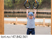 Lifestyle. A cute little boy is hanging on rings on a sports field in the fresh air. The concept of children's sports and physical development. Стоковое фото, фотограф Photojuli / Фотобанк Лори