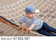 Lifestyle. A cute little boy is lying on a hammock in a modern outdoor playground. The concept of family entertainment and leisure. Стоковое фото, фотограф Photojuli / Фотобанк Лори