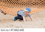 Summer lifestyle. A cute little boy is having fun playing in a hammock on the beach on a modern playground. The concept of family entertainment and leisure. Стоковое фото, фотограф Photojuli / Фотобанк Лори
