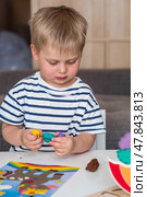 A little boy is playing with plasticine. Fine motor skills-developing games for children. The kid makes a horse. Useful games for child development. Стоковое фото, фотограф Photojuli / Фотобанк Лори