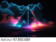 A striking geometric formation emits vibrant neon hues, surrounded by colorful clouds and reflecting on still water under a night sky. Стоковое AI-изображение, AI-художник Данила Большаков / Фотобанк Лори