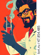 The scientist confidently points at a test tube filled with a vibrant red liquid as smoke rises, emphasizing a moment of scientific curiosity. Стоковое AI-изображение, AI-художник Данила Большаков / Фотобанк Лори