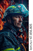 A dedicated firefighter surveys the situation, dressed in protective gear, surrounded by flames during a night emergency. Стоковое AI-изображение, AI-художник Данила Большаков / Фотобанк Лори