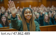 A group of engaged students raises their hands in a classroom setting, demonstrating their eagerness to contribute to the discussion taking place. Стоковое AI-изображение, AI-художник Данила Большаков / Фотобанк Лори