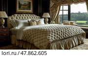 Luxurious bedroom showcases a king-size bed with detailed bedding, large windows offering a serene landscape, and tasteful decor throughout. Стоковое AI-изображение, AI-художник Данила Большаков / Фотобанк Лори