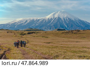 group of people walking along a dirt road towards a volcano. Стоковое фото, фотограф Олег Спиридонов / Фотобанк Лори