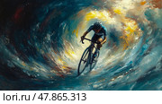 A cyclist navigates a swirling wave, capturing a sense of speed and adventure amidst vibrant colors at sunset. Стоковое AI-изображение, AI-художник Данила Большаков / Фотобанк Лори