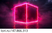 A glowing pink cube emits vibrant light in a dark environment, surrounded by colorful mist that enhances its surreal appearance at night. Стоковое AI-изображение, AI-художник Данила Большаков / Фотобанк Лори