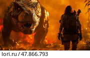 A brave adventurer stands ready as a gigantic dinosaur looms in a fiery jungle, creating an intense moment of confrontation in nature. Стоковое AI-изображение, AI-художник Данила Большаков / Фотобанк Лори