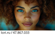Close-up of a person with curly hair and striking blue eyes, exhibiting a natural and effortless beauty that captivates the viewer’s attention. Стоковое AI-изображение, AI-художник Данила Большаков / Фотобанк Лори