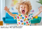 Frustration: Portrait of a Screaming Curly-Haired Child Throwing a Tantrum, Expressing Frustration and Upset, design for educational material, for print. Стоковое AI-изображение, AI-художник Данила Большаков / Фотобанк Лори