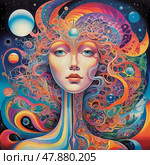 A mesmerizing blend of colors showcases a female figure with flowing hair, surrounded by cosmic elements. Psychedelic colorful visions and hallucinations. Small elements. Generative AI. Стоковое AI-изображение, AI-художник Юлия Петровская / Фотобанк Лори