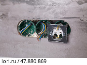Three electrical boxes for conduits are built into the wall. Work on installing electrical outlets. Стоковое фото, фотограф Виктория Тельминова / Фотобанк Лори